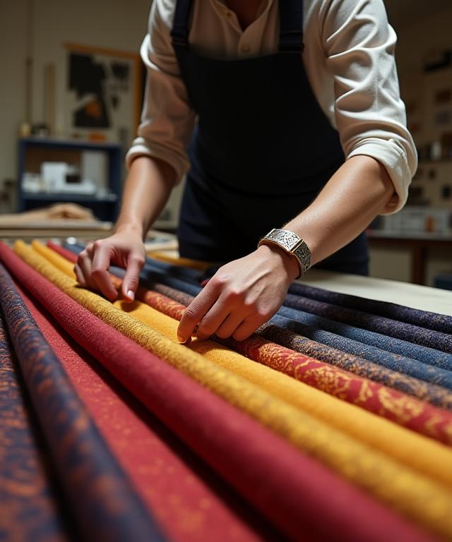 Un artigiano di Foderart seleziona con cura tessuti pregiati nel laboratorio milanese.