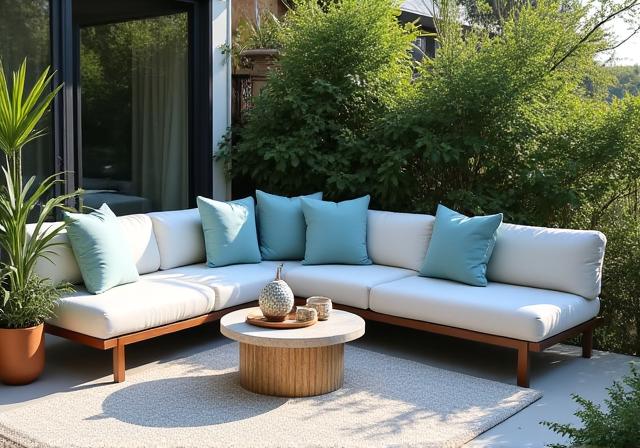 Cuscini per esterni Foderart su un arredamento da terrazzo.